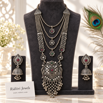 Rani haar layered oxidised necklace set with jaali pendant and matching jhumka earrings