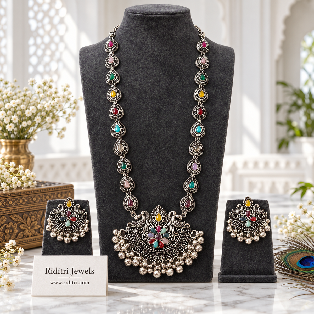 Navrang peacock oxidised necklace set with multicolour stones and chandbali earrings