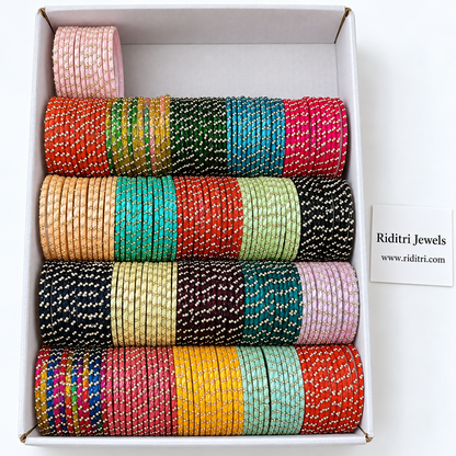 Royal Glass Bangles Box with 21 dozen glass bangles in 21 colours with gold-toned stone work