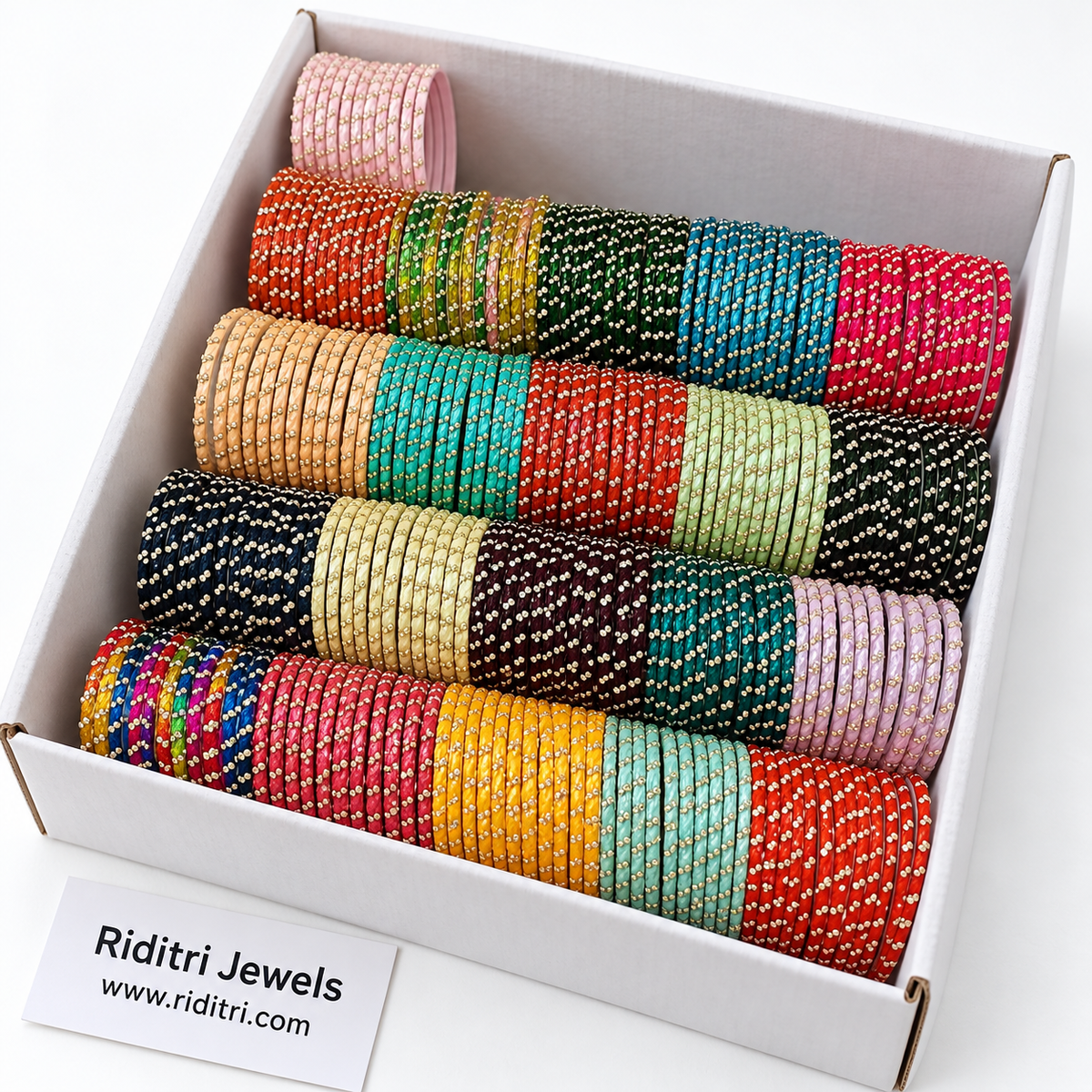 21 colours of stone-studded glass bangles from pastel to deep shades by Riditri