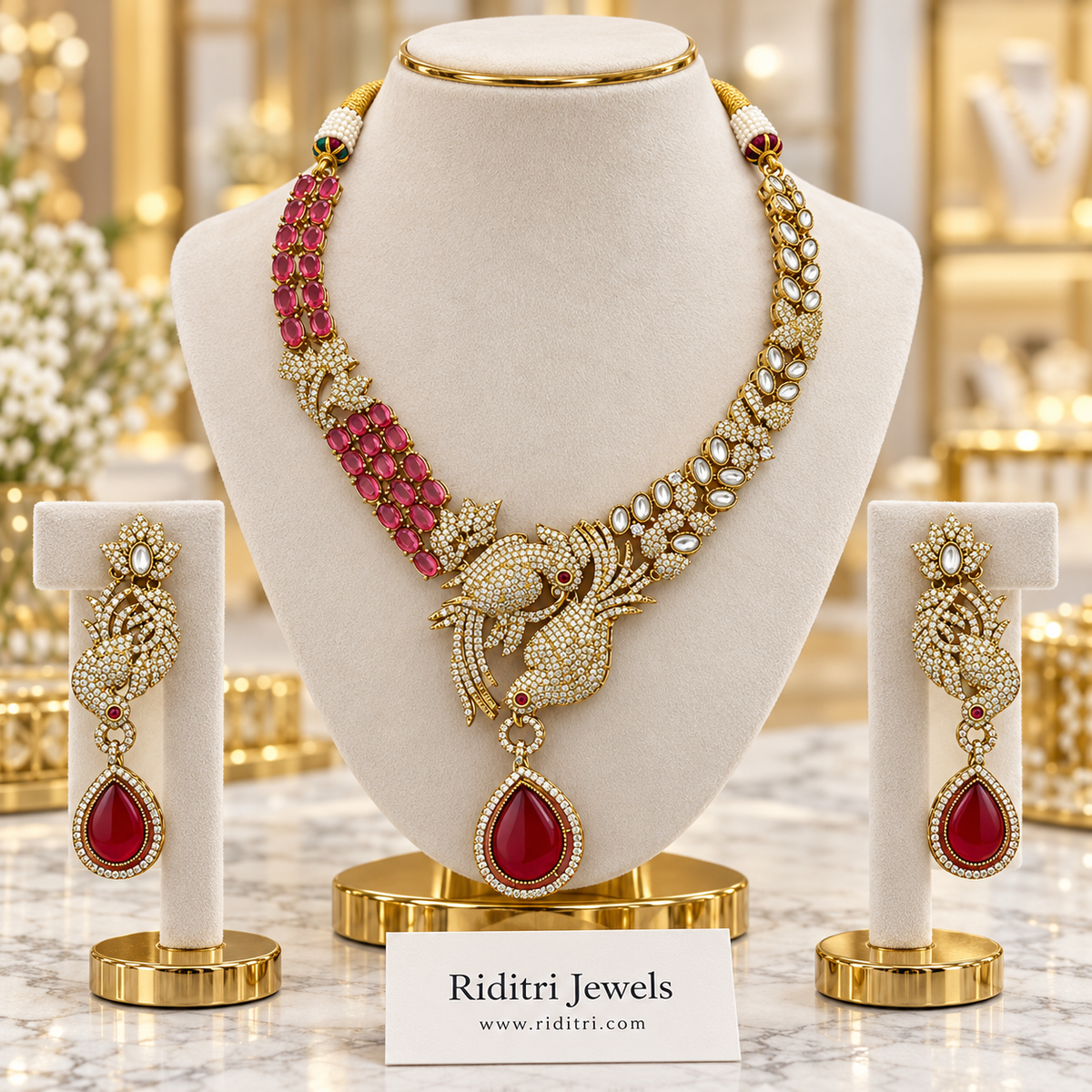 Noor Twin Bird Necklace Set – Ruby