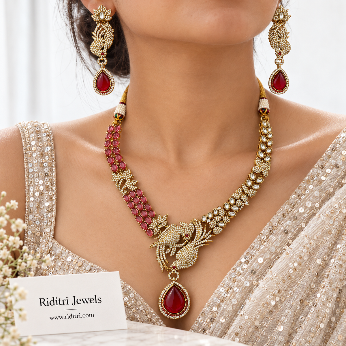 Noor Twin Bird Necklace Set – Ruby