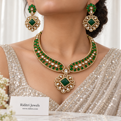 Mehtab Kundan Necklace Set – Emerald Green