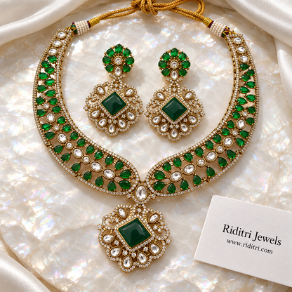 Mehtab Kundan Necklace Set – Emerald Green