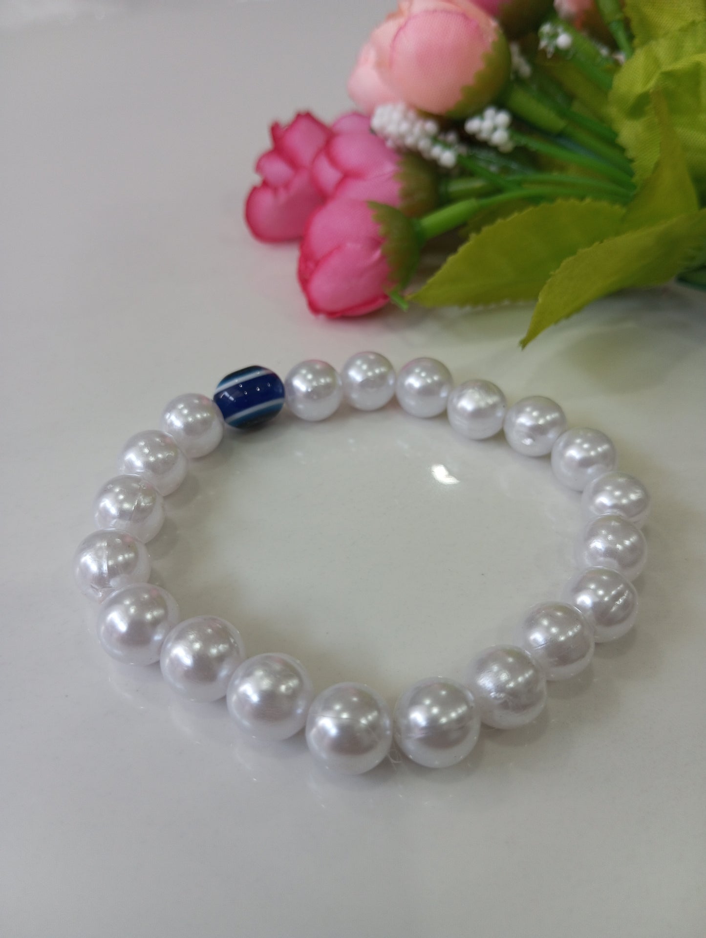 Evil Eye Pearl Adjustable Bracelet- White and Blue