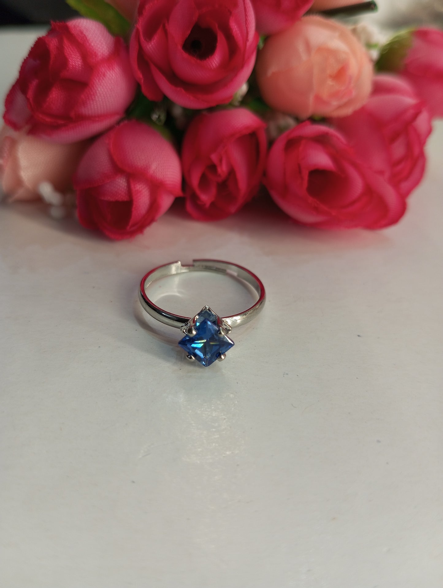 Square Shape Stone Ring- Blue and Silver Color