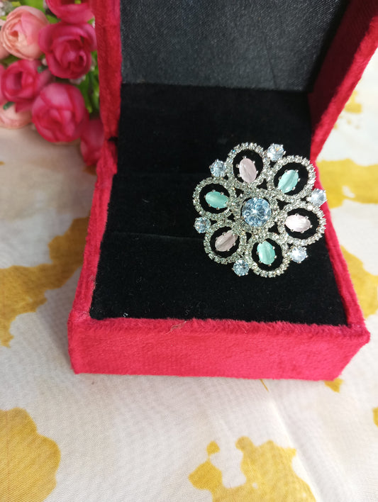 Adjustable American Diamond Cocktail Ring Flower- Pink and Mint Green Pastel Colors
