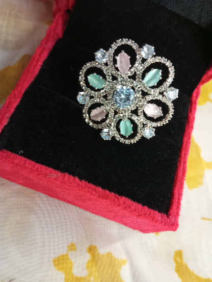 Adjustable American Diamond Cocktail Ring Flower- Pink and Mint Green Pastel Colors
