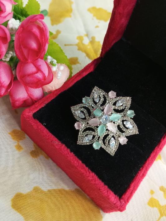 Adjustable American Diamond Unique Cocktail Ring- Pink and Mint Green Pastel Colors