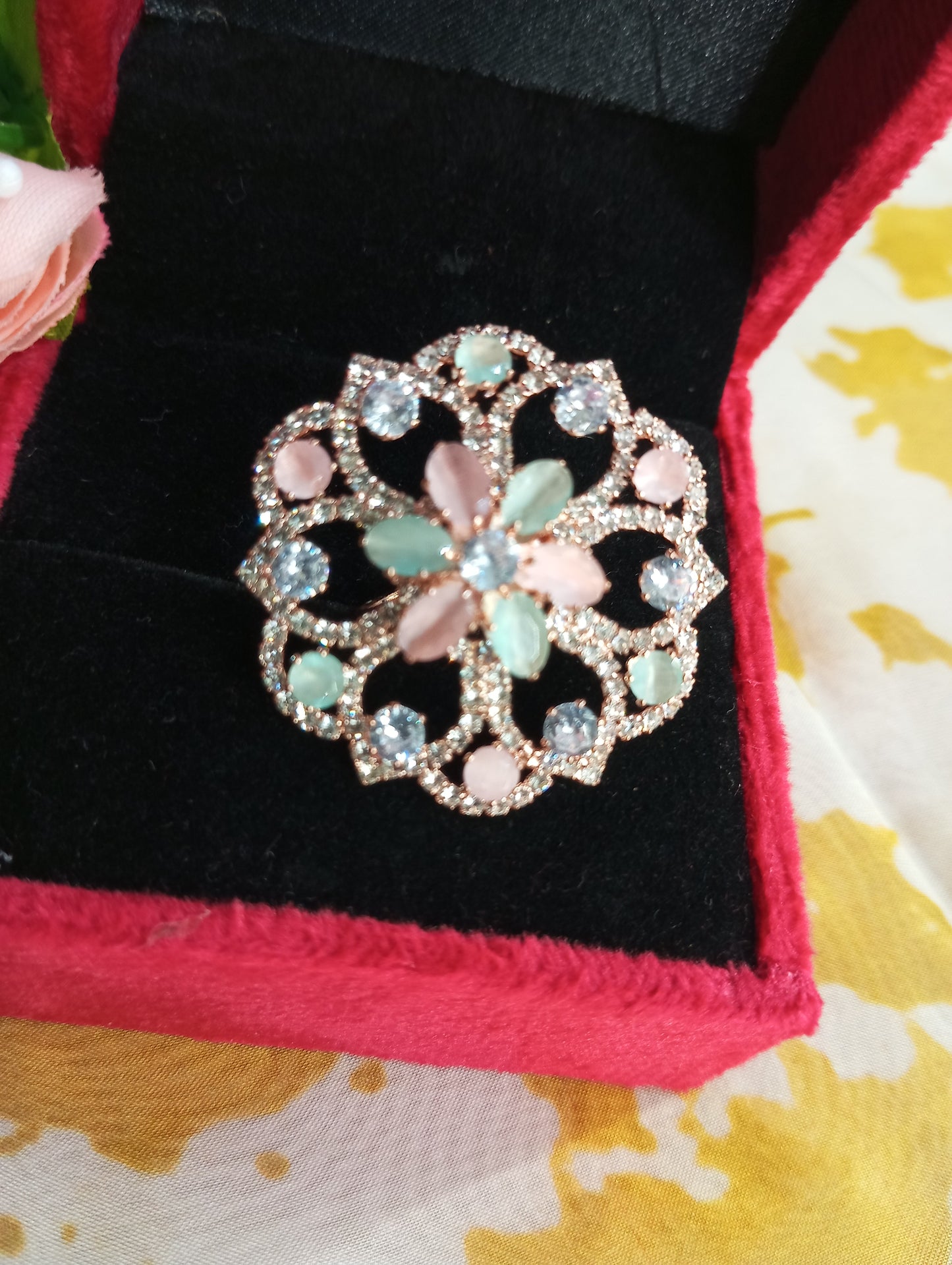 Adjustable AD Cocktail Ring- Pink and Mint Green Pastel Colors