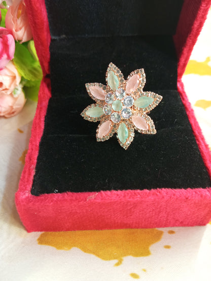 Adjustable American Diamond Cocktail Ring- Medium Size Flower Design