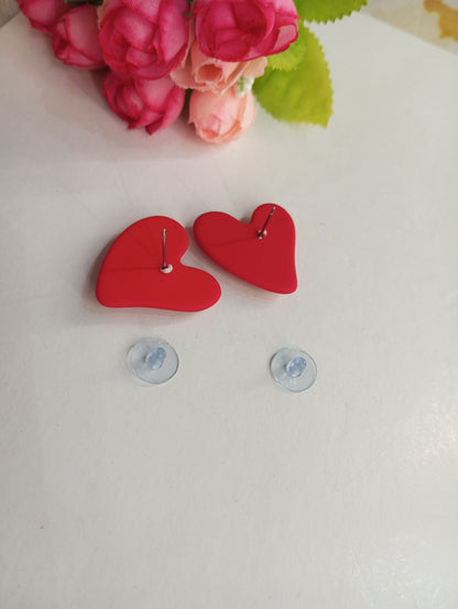 Cute Heart Shaped Matte Finish Studs Earrings- Red