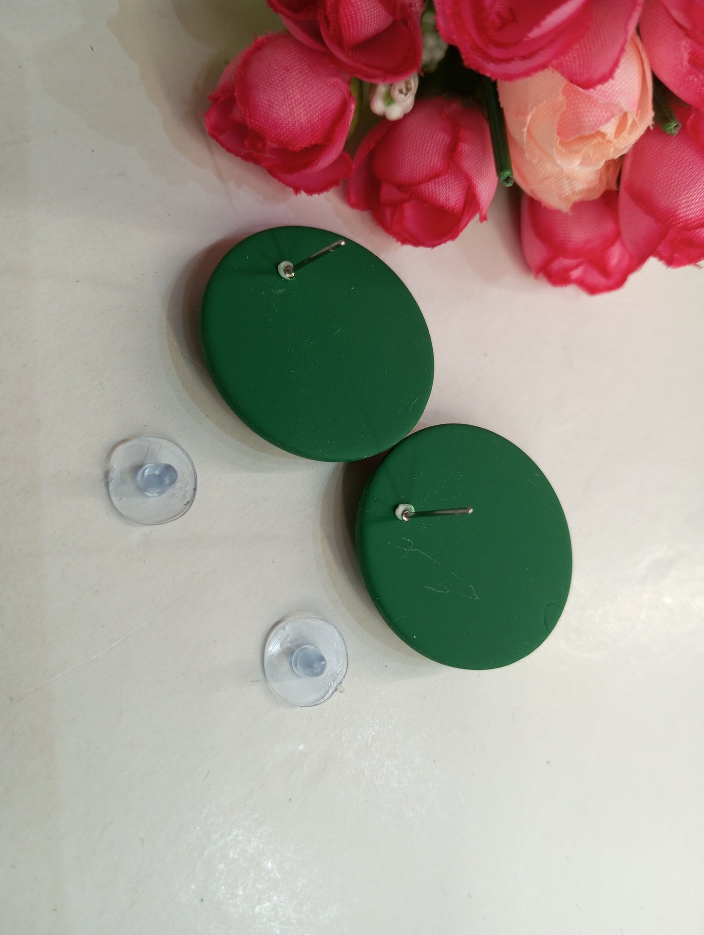 Round Shaped Matte Finish Studs Earrings- Green