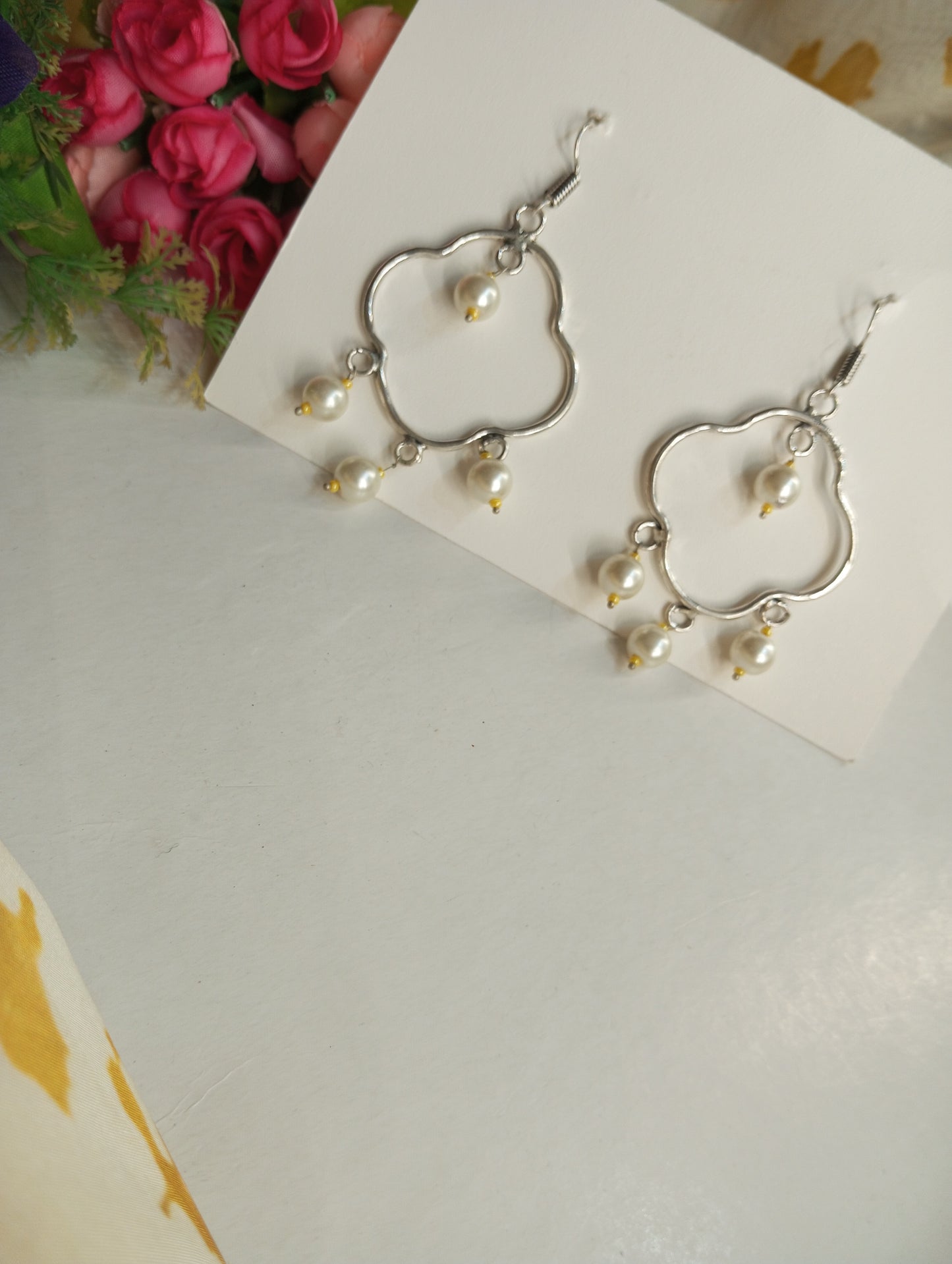 Silver Color Earrings with Hanging Pearls