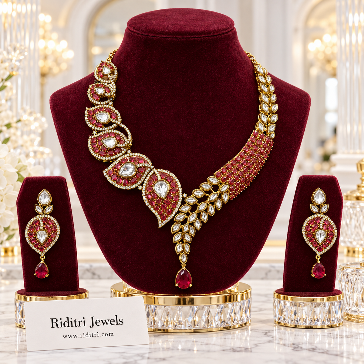 Zeenat Paisley Kundan Necklace Set – Ruby