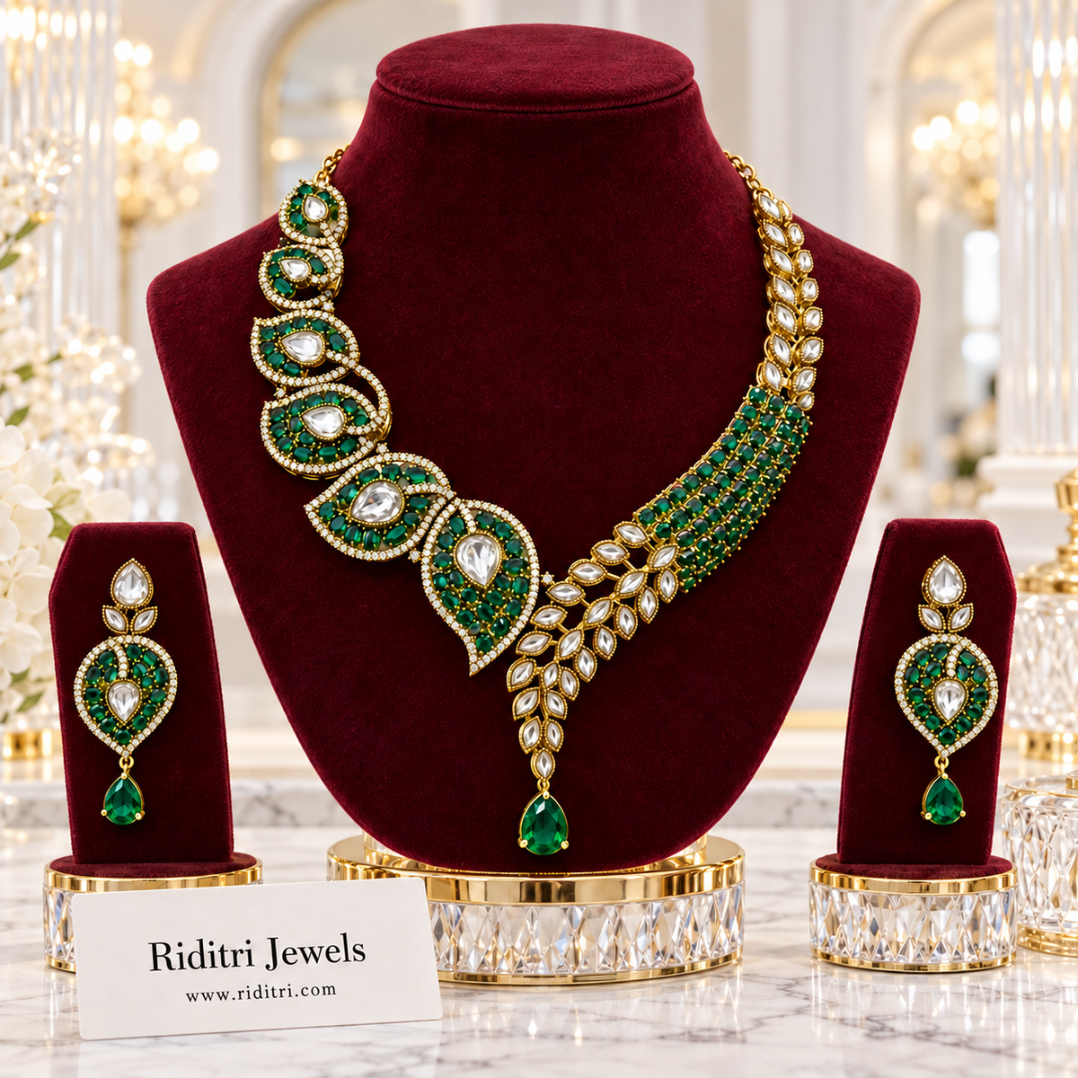 Zeenat Paisley Kundan Necklace Set – Emerald Green