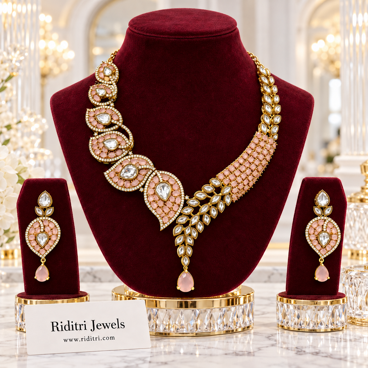 Zeenat Paisley Kundan Necklace Set – Peachy Pink