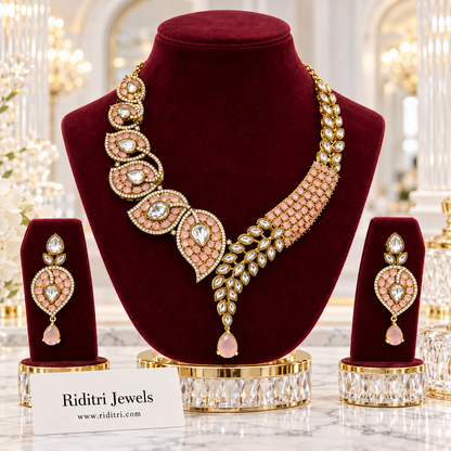 Zeenat Paisley Kundan Necklace Set – Peachy Pink