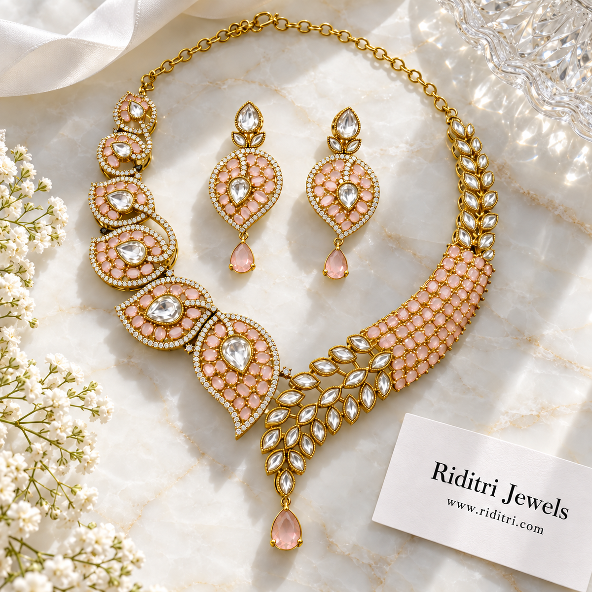 Zeenat Paisley Kundan Necklace Set – Peachy Pink