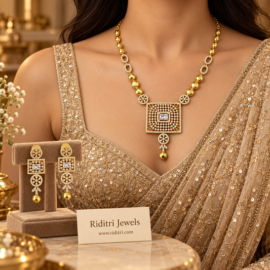 Nazakat gold plated AD stone necklace set with matching earrings