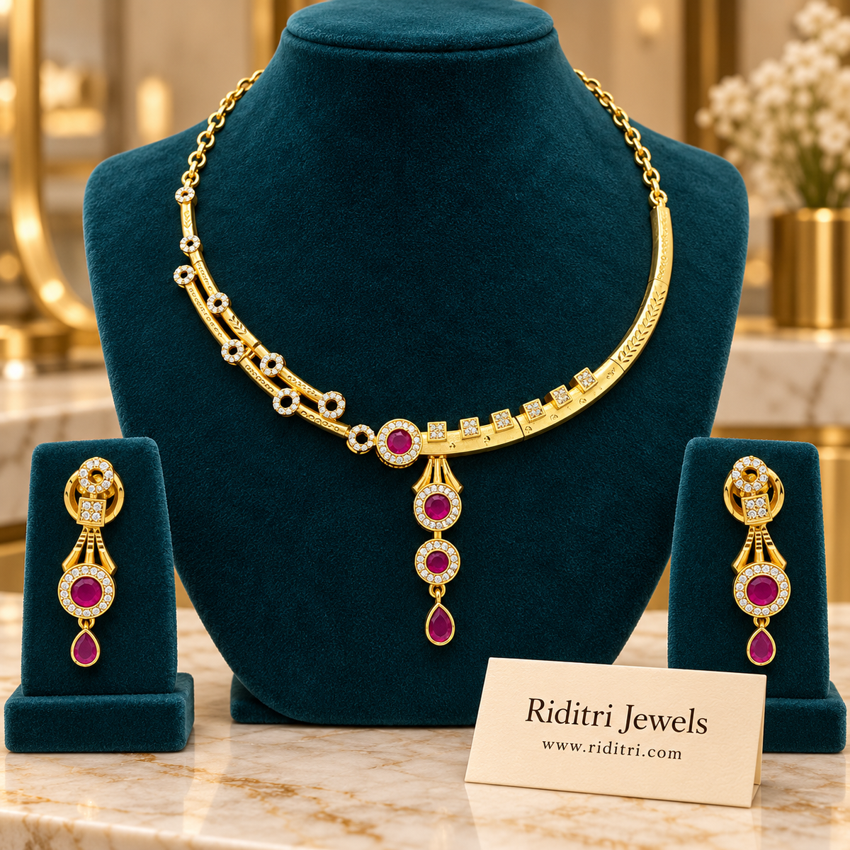 Meher Gold Plated AD Necklace Set – Ruby Red