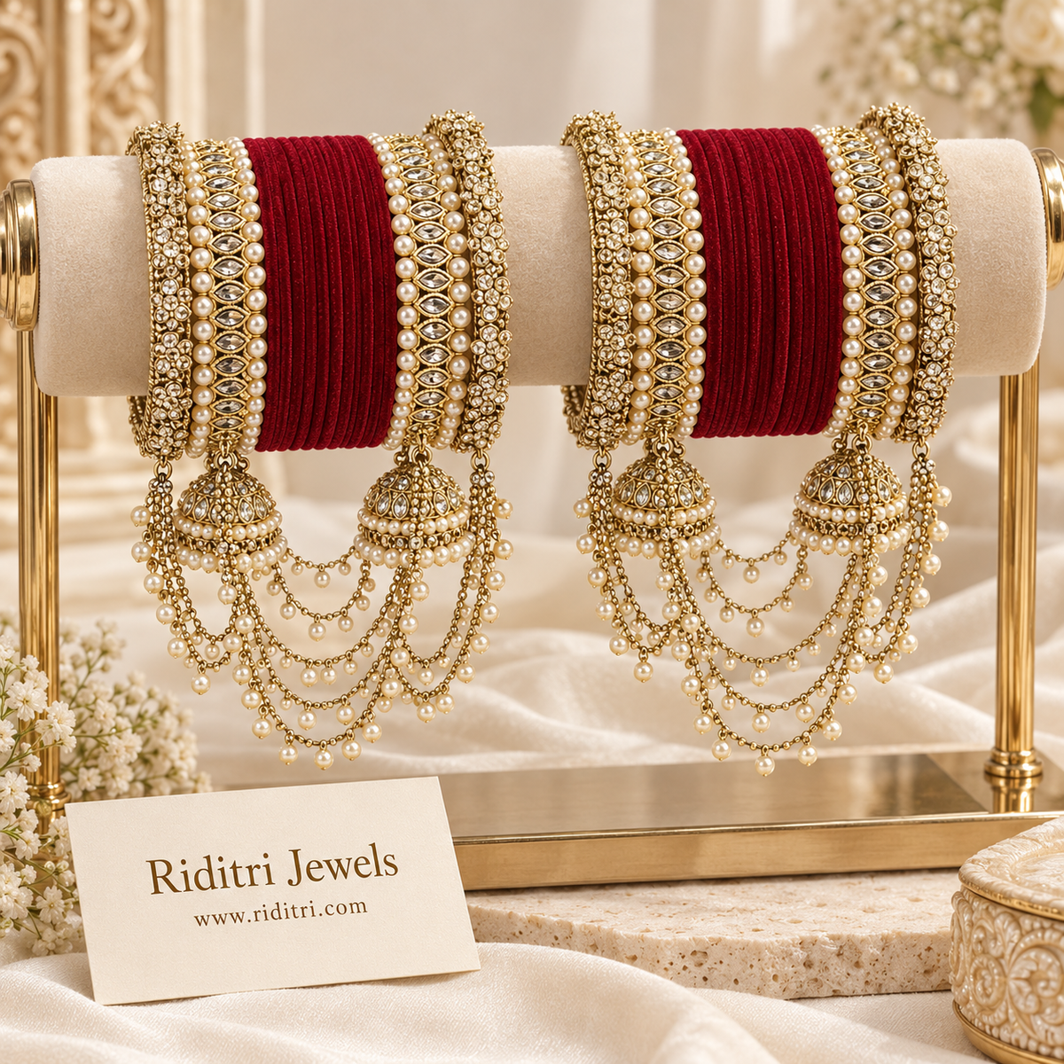 Pair of maroon velvet reverse AD bridal bangle stacks with pearl chain latkans