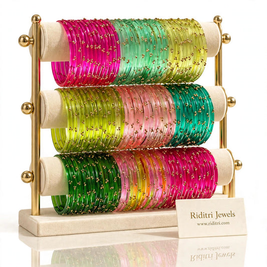 Viral glass bangles 9 colour combo with gold dot work on display stand