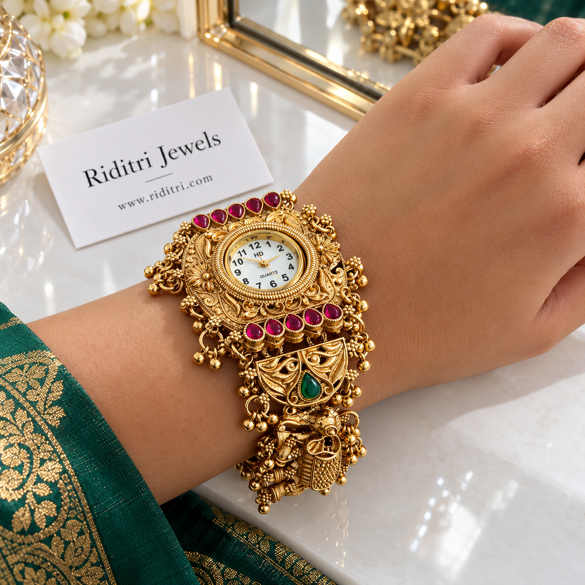 Close view of Airavat elephant ghungroo watch with hook and chain closure