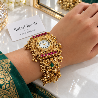 Close view of Airavat elephant ghungroo watch with hook and chain closure