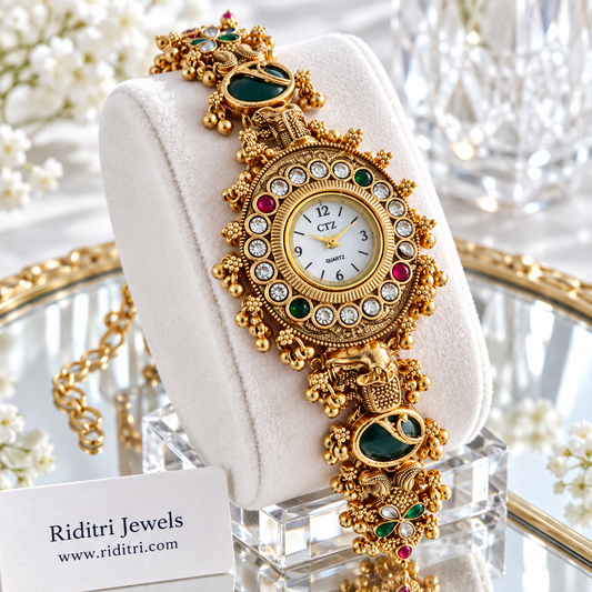 Ambari emerald green antique gold ghungroo watch with royal elephants and stone-ring dial