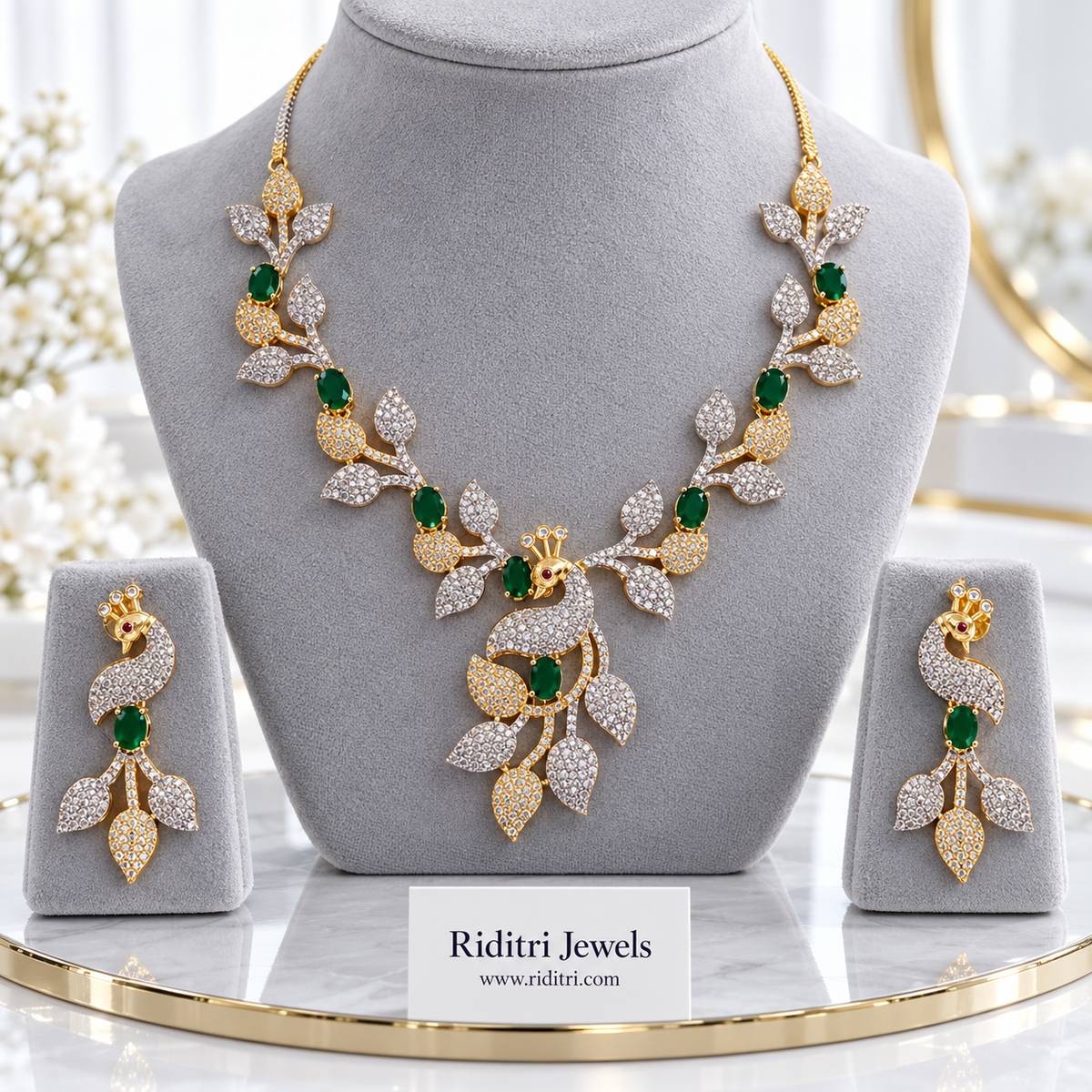 Mayuri two-tone AD peacock necklace set with emerald green stones and matching earrings