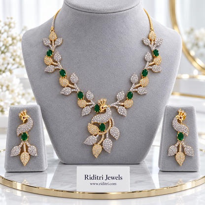 Mayuri two-tone AD peacock necklace set with emerald green stones and matching earrings