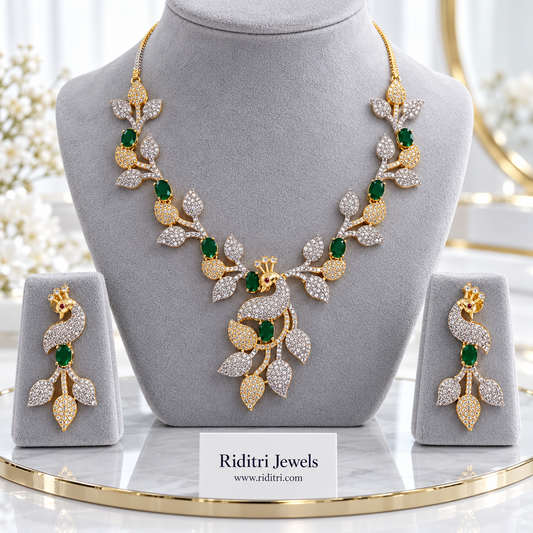 Mayuri two-tone AD peacock necklace set with emerald green stones and matching earrings