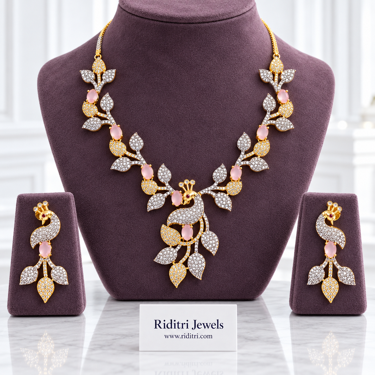 Silver and gold two-tone peacock leaf necklace with baby pink stones for parties