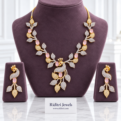 Silver and gold two-tone peacock leaf necklace with baby pink stones for parties