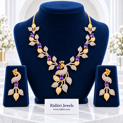 Silver and gold two-tone peacock leaf necklace with lavender purple stones for cocktail party