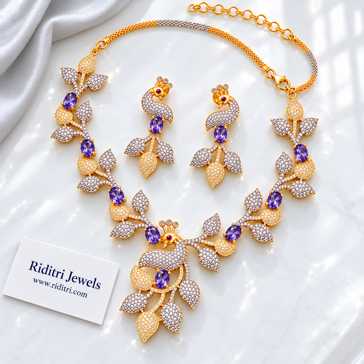 Close view of lavender stone AD peacock necklace with silver and gold leaves