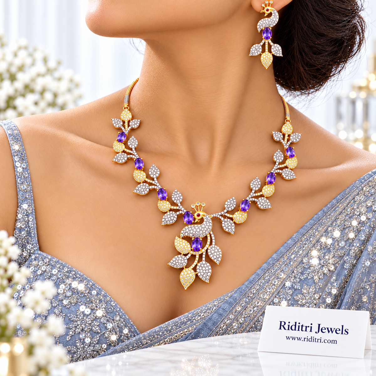 Mayuri two-tone AD peacock necklace set with lavender stones and matching earrings