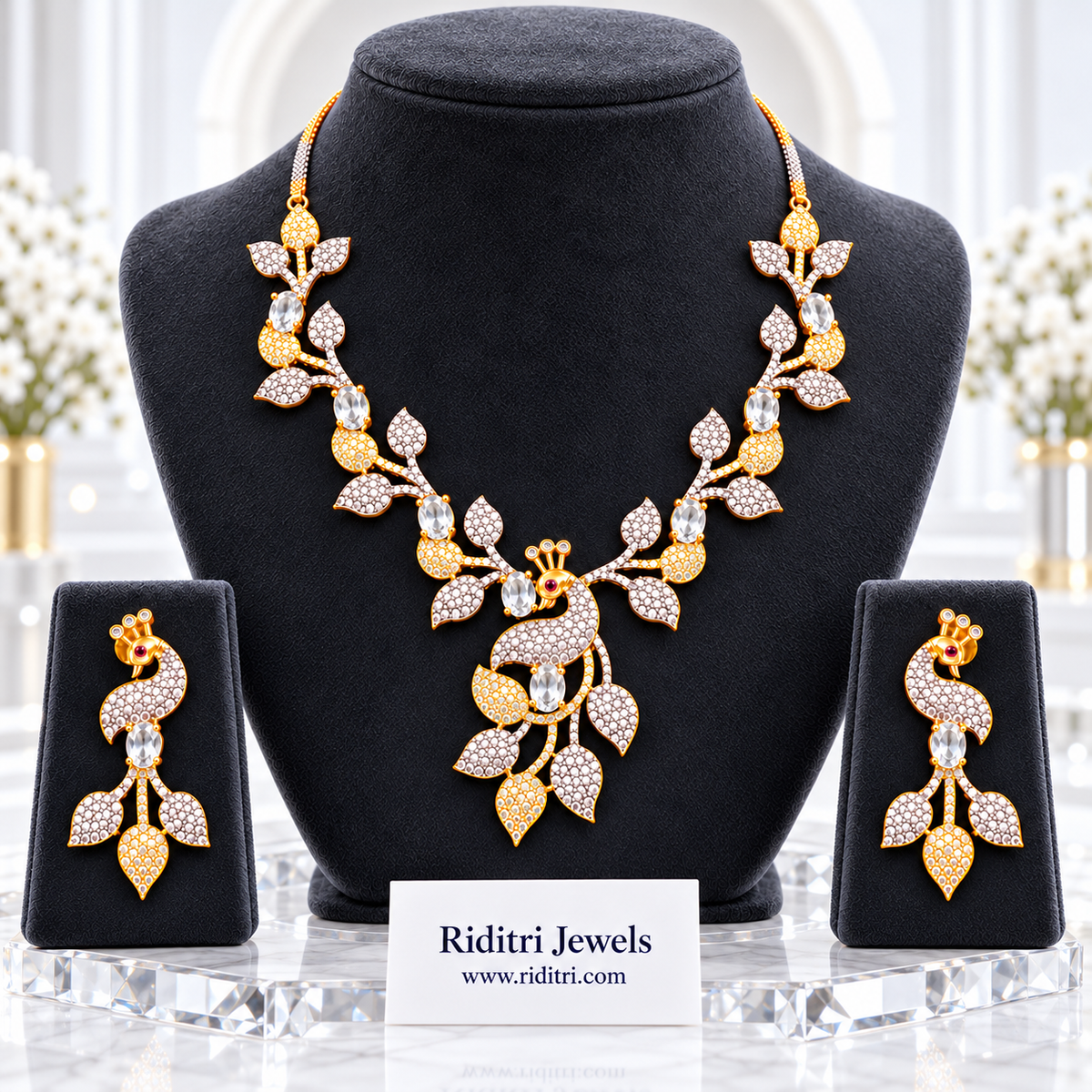 Mayuri two-tone AD peacock necklace set with clear white stones and matching earrings