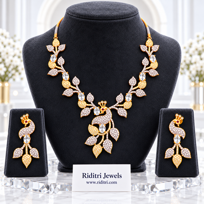 Mayuri two-tone AD peacock necklace set with clear white stones and matching earrings