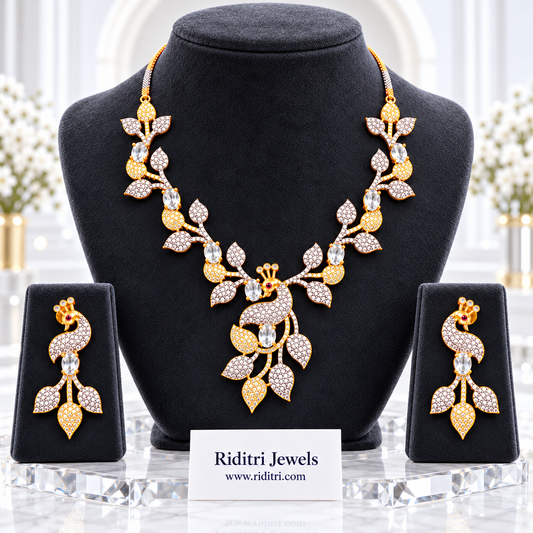 Mayuri two-tone AD peacock necklace set with clear white stones and matching earrings