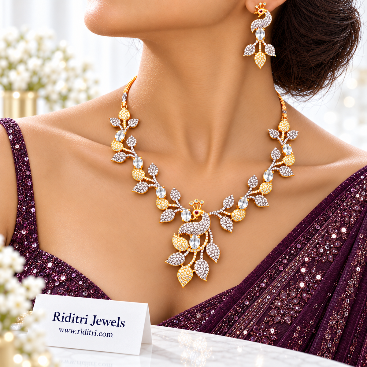 Silver and gold two-tone peacock leaf necklace with white stones for receptions