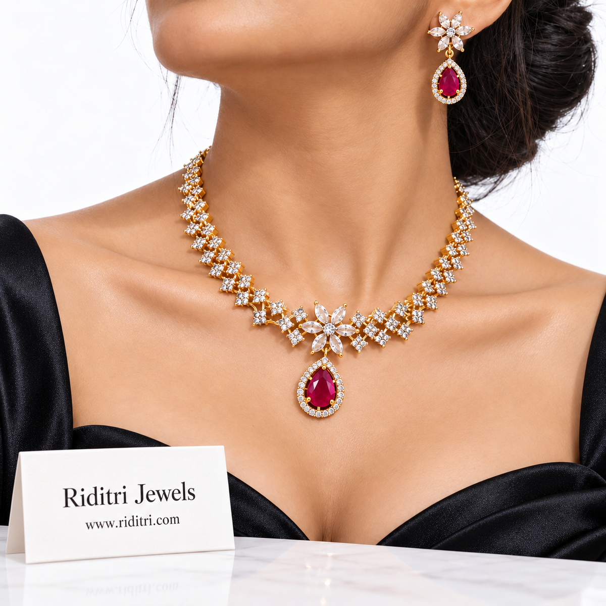 Zig-zag AD stone necklace with star flower centre and ruby teardrop for parties