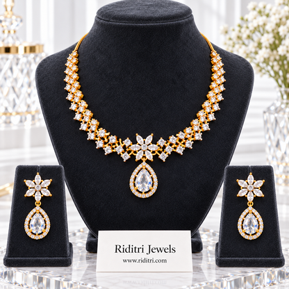 Zig-zag AD stone necklace with star flower centre and white teardrop for weddings