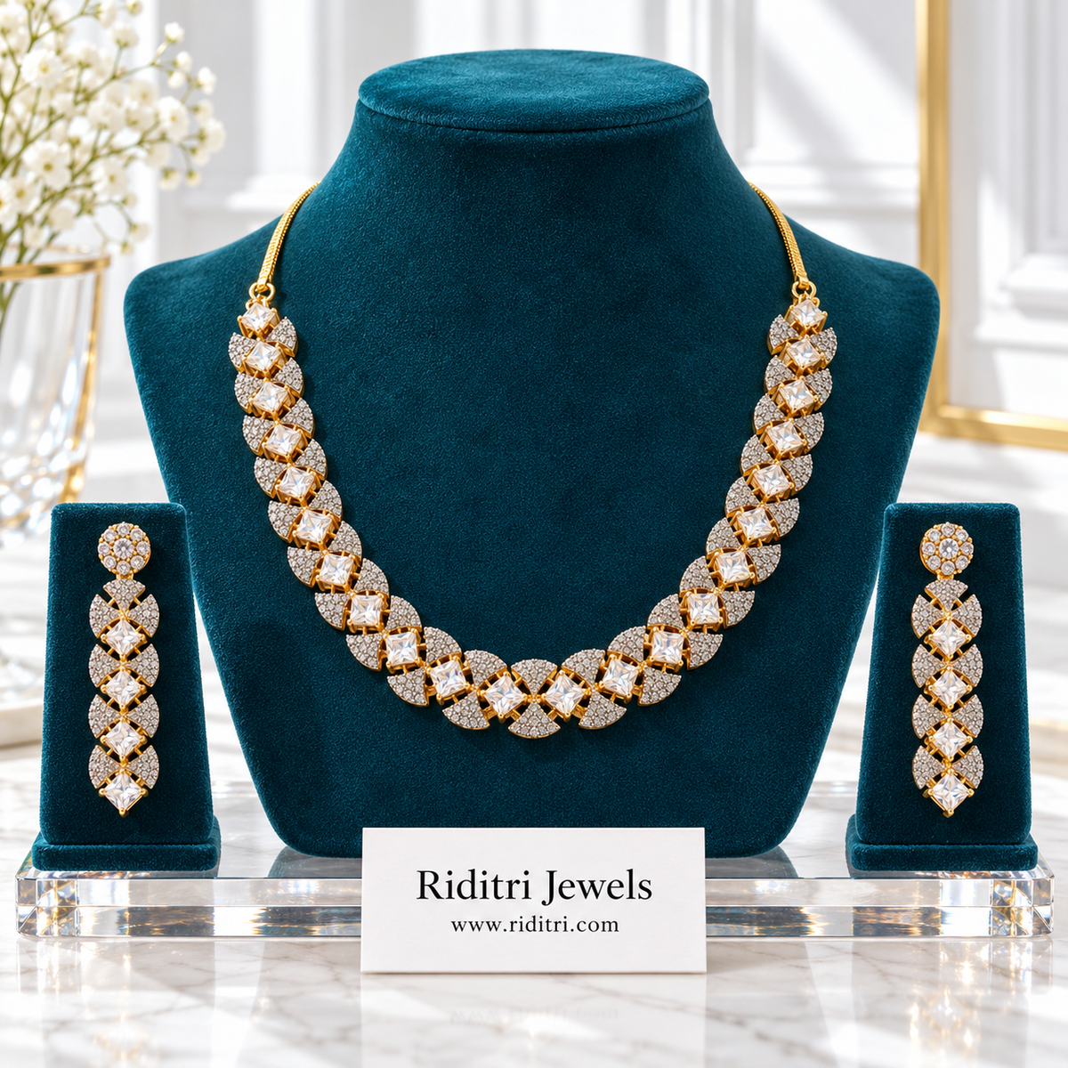Heer princess-cut white AD necklace set with long matching drop earrings