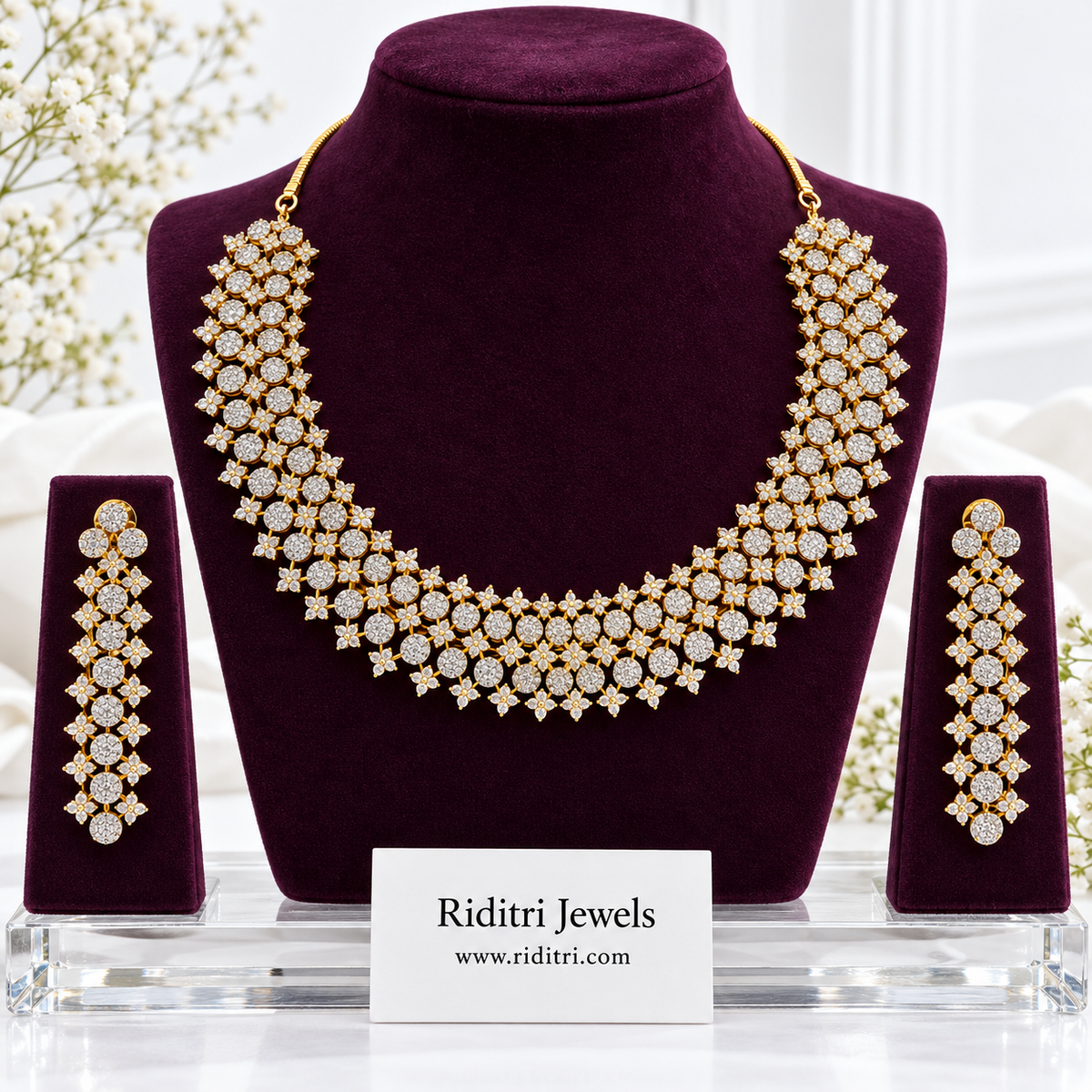 Chandni broad white cluster AD necklace set with long matching earrings