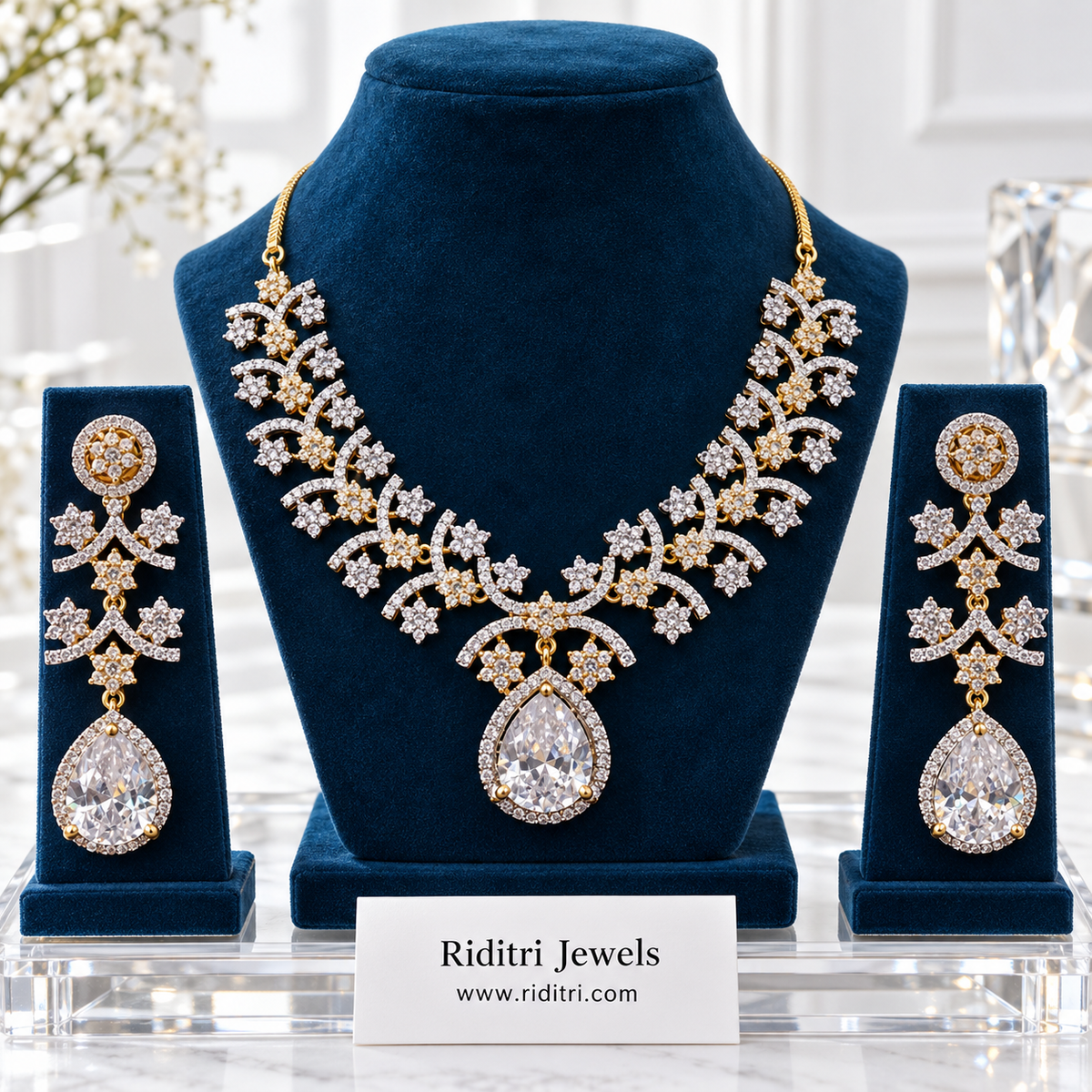 Floral vine AD necklace with pear-cut solitaire-style teardrop and halo