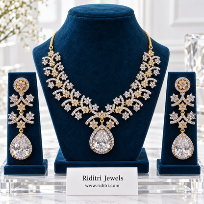 Floral vine AD necklace with pear-cut solitaire-style teardrop and halo
