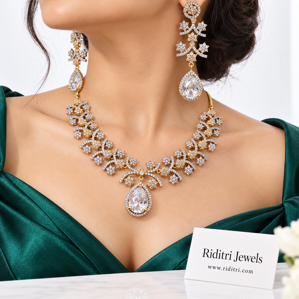 Shabnam white AD necklace set with big teardrop pendant and matching earrings