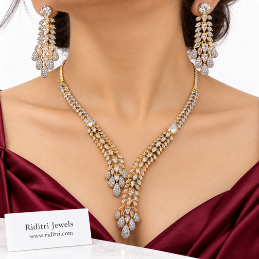 Zoya white AD crossover Y-shape necklace set with chandelier earrings